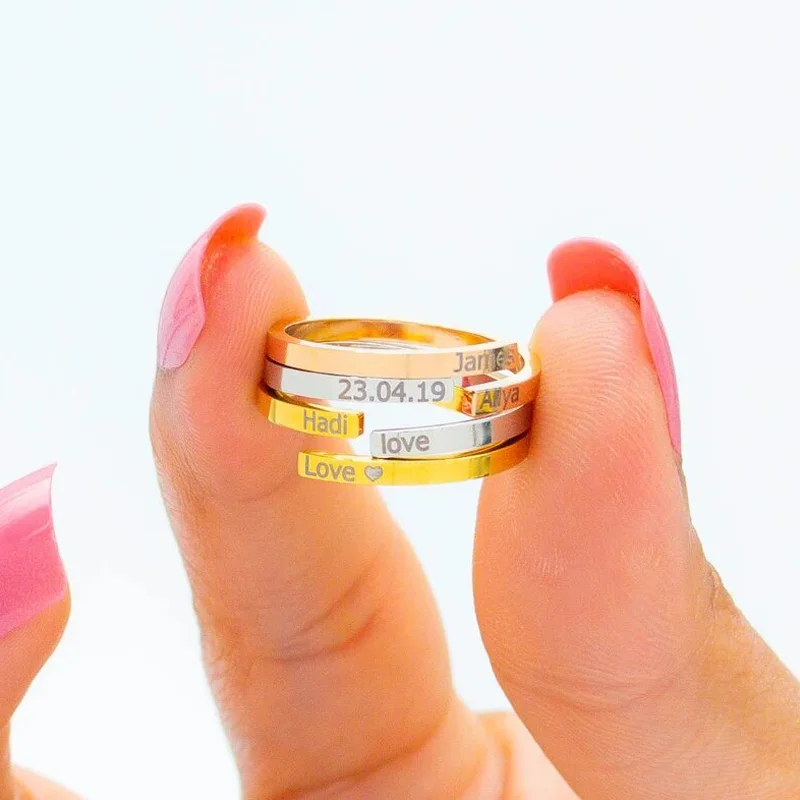Fashion Stainless Steel Engraved Name Text Date Finger Rings for Women Men Couples Lover Custom Personalized Ring Opened Gift thumbnail 3