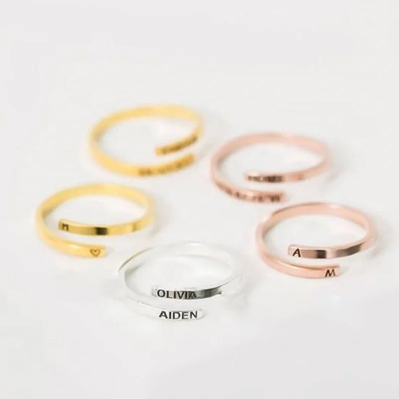 Fashion Stainless Steel Engraved Name Text Date Finger Rings for Women Men Couples Lover Custom Personalized Ring Opened Gift thumbnail 4