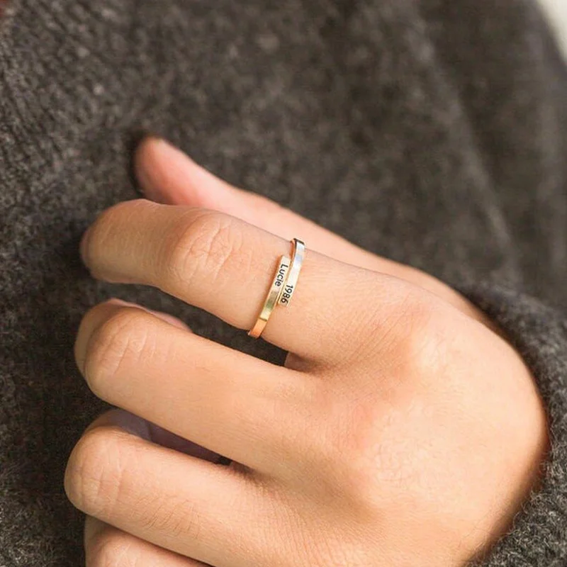 Fashion Stainless Steel Engraved Name Text Date Finger Rings for Women Men Couples Lover Custom Personalized Ring Opened Gift thumbnail 2