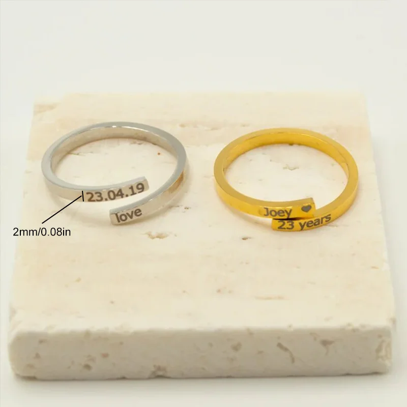 Fashion Stainless Steel Engraved Name Text Date Finger Rings for Women Men Couples Lover Custom Personalized Ring Opened Gift thumbnail 6