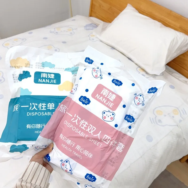 1/3set Disposable Non-woven Sheets Thickened Bedding Set Portable 3/4pcs Bed Sheets Waterproof Safety Camping Hotel Supplies thumbnail 2