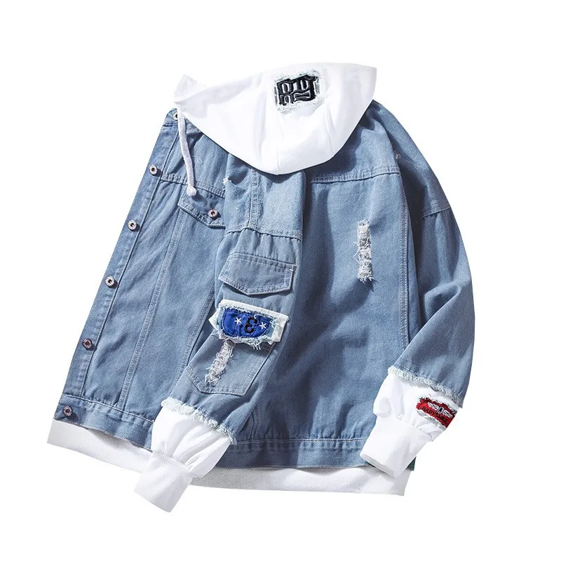 Men's Casual Hooded Denim Jacket Korean Style Versatile Spring Autumn Wear Couple's Fake Two-Piece Jacket Cotton Material thumbnail 5