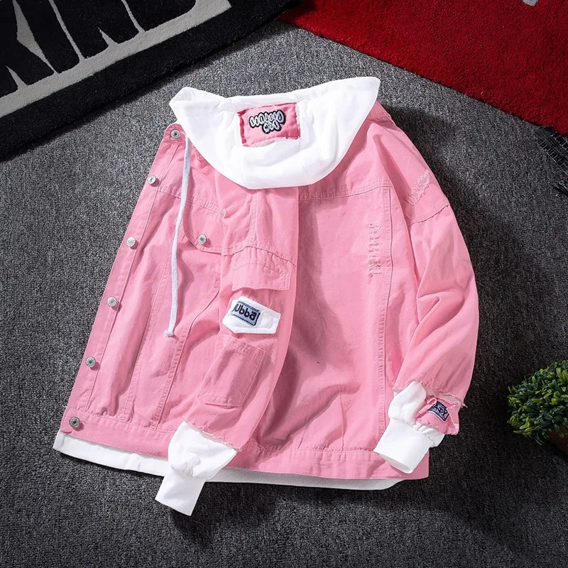 Men's Casual Hooded Denim Jacket Korean Style Versatile Spring Autumn Wear Couple's Fake Two-Piece Jacket Cotton Material thumbnail 4