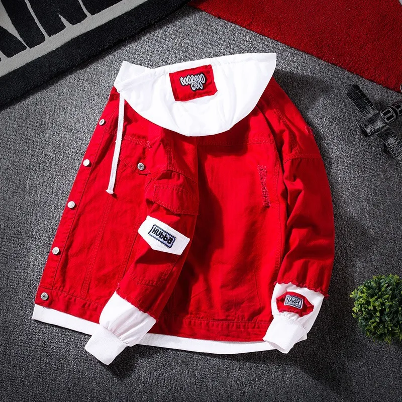 Men's Casual Hooded Denim Jacket Korean Style Versatile Spring Autumn Wear Couple's Fake Two-Piece Jacket Cotton Material thumbnail 3