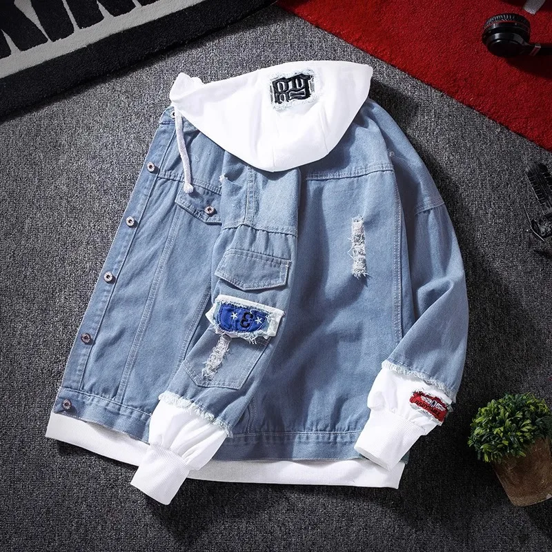 Men's Casual Hooded Denim Jacket Korean Style Versatile Spring Autumn Wear Couple's Fake Two-Piece Jacket Cotton Material