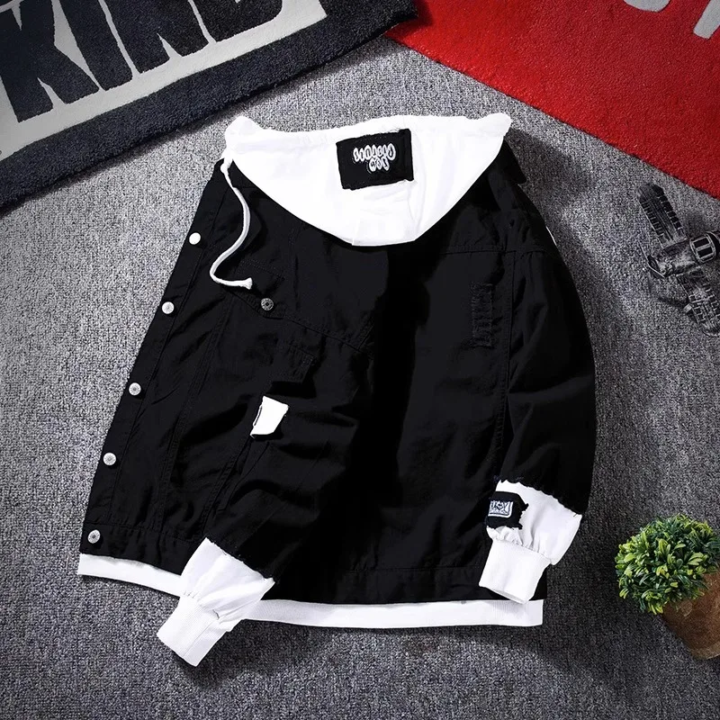 Men's Casual Hooded Denim Jacket Korean Style Versatile Spring Autumn Wear Couple's Fake Two-Piece Jacket Cotton Material thumbnail 2