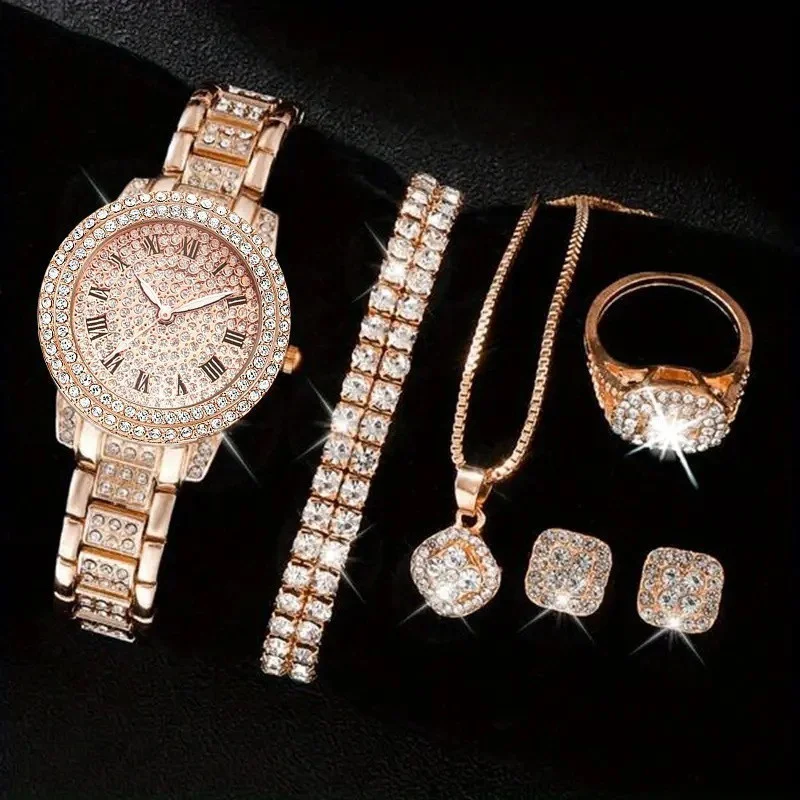 Full Diamond Roman Literal Steel Strip Watch with Starry Charm Business Quartz Watch Set thumbnail 2