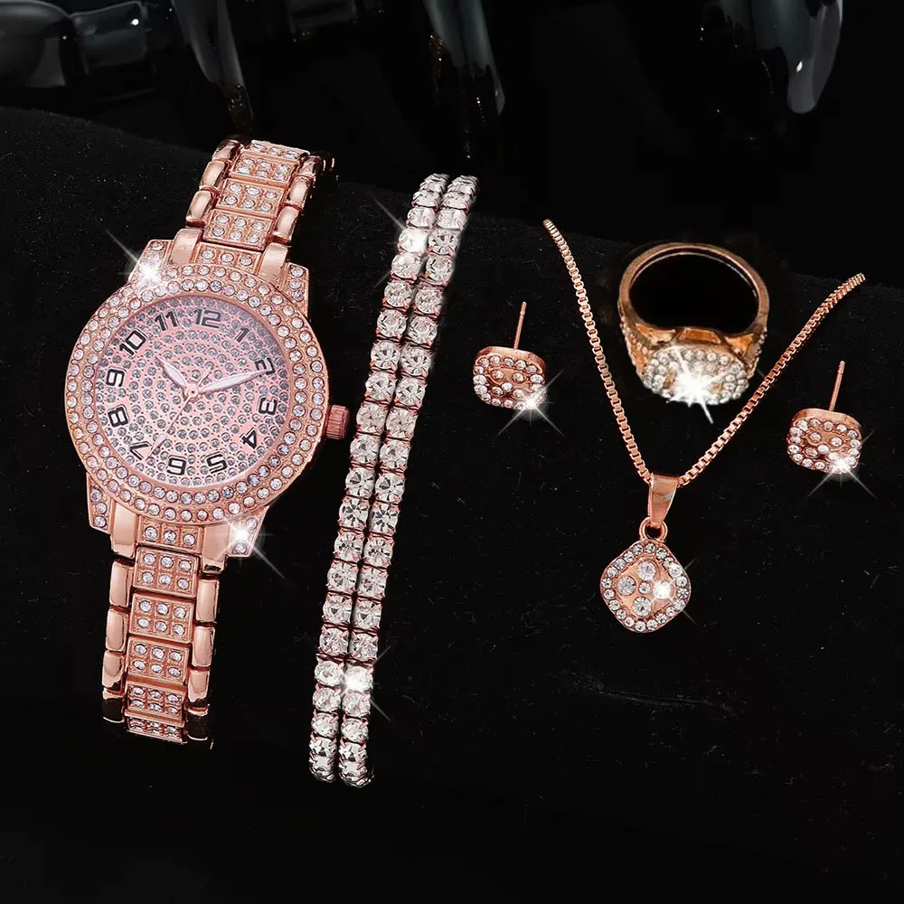 Full Diamond Roman Literal Steel Strip Watch with Starry Charm Business Quartz Watch Set thumbnail 5