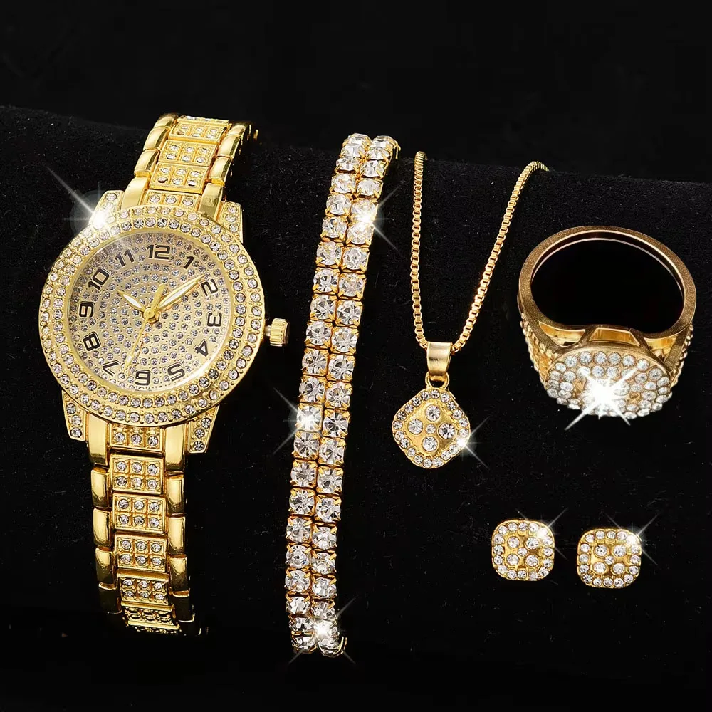 Full Diamond Roman Literal Steel Strip Watch with Starry Charm Business Quartz Watch Set thumbnail 6