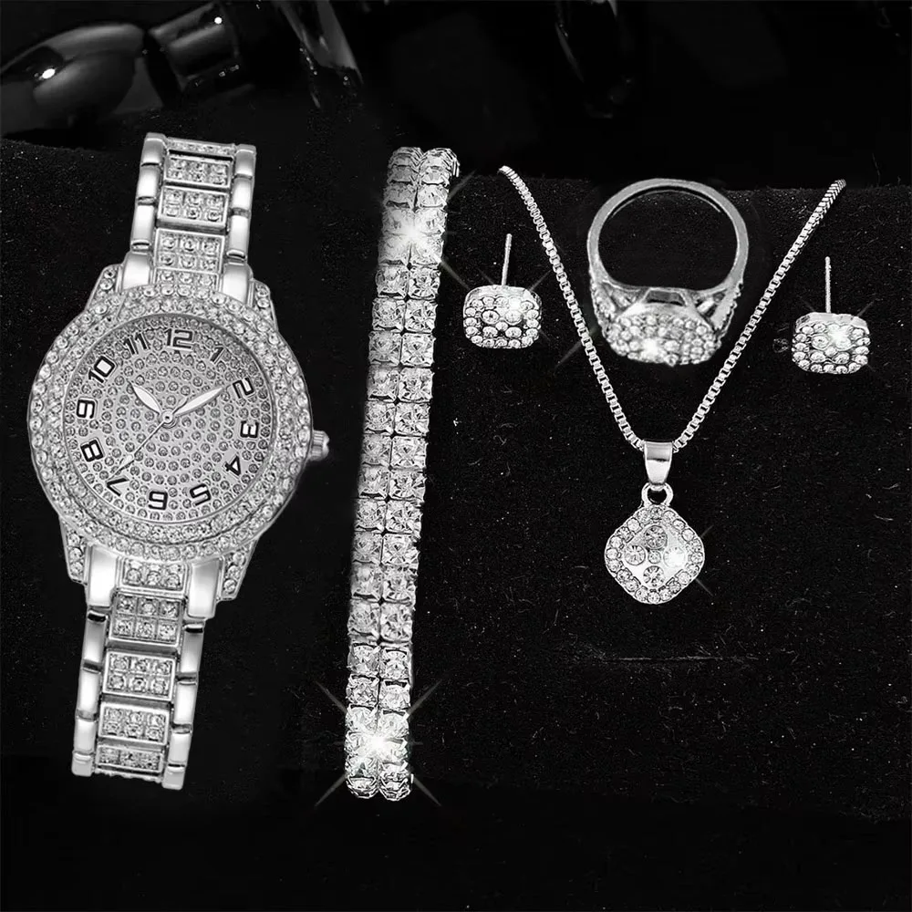 Full Diamond Roman Literal Steel Strip Watch with Starry Charm Business Quartz Watch Set thumbnail 4