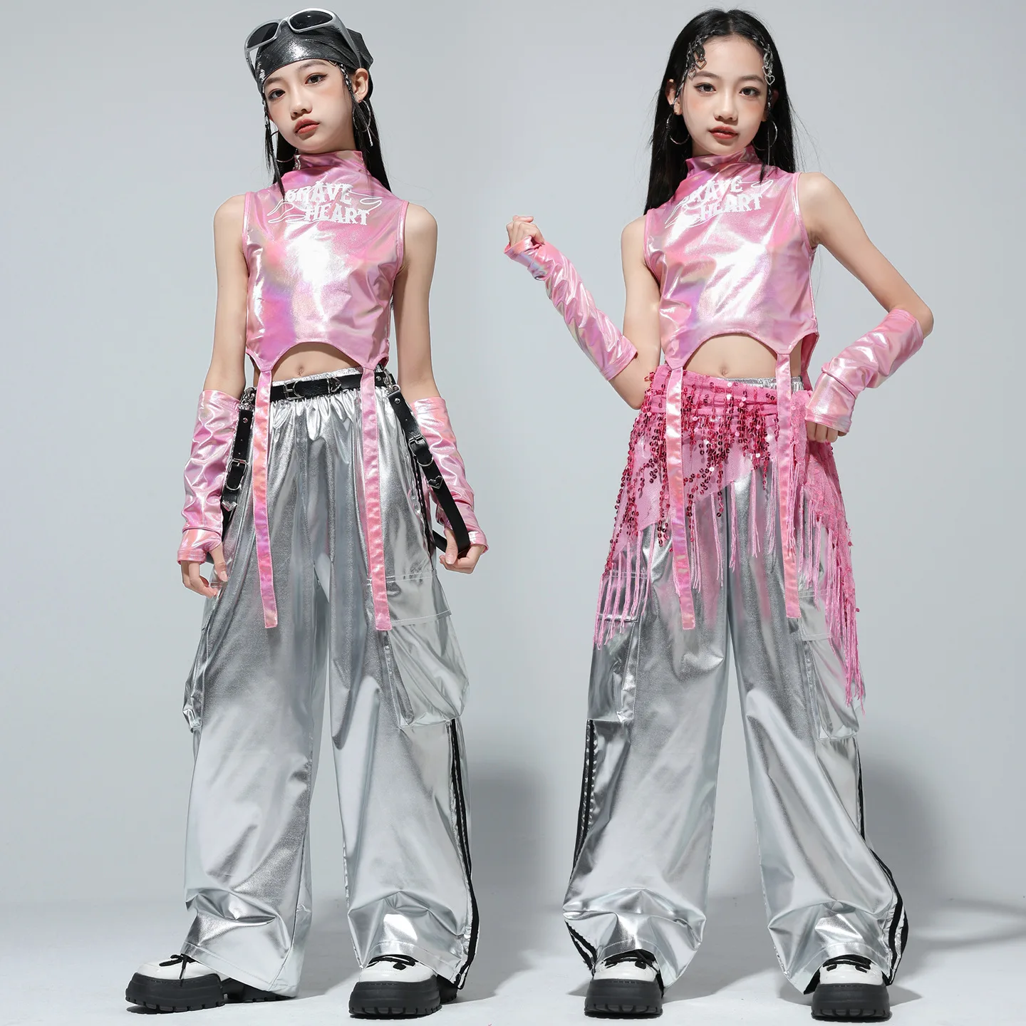 Kids Street Dance Jazz Performance Costumes Girls Hip Hop Clothes Fashion Catwalk Stage Shiny Sleeveless Crop Top Long Pant Suit thumbnail 2