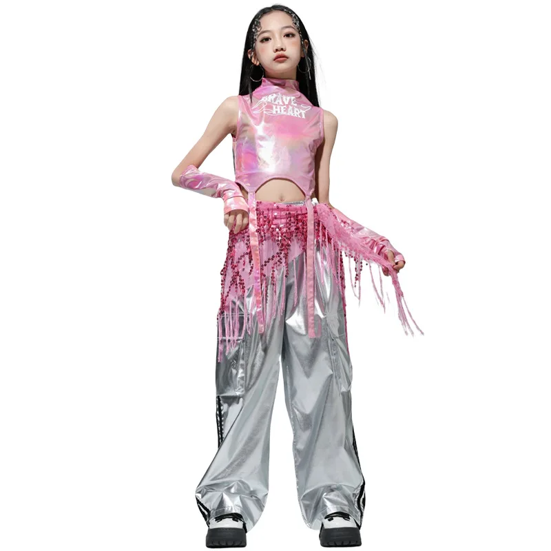 Kids Street Dance Jazz Performance Costumes Girls Hip Hop Clothes Fashion Catwalk Stage Shiny Sleeveless Crop Top Long Pant Suit