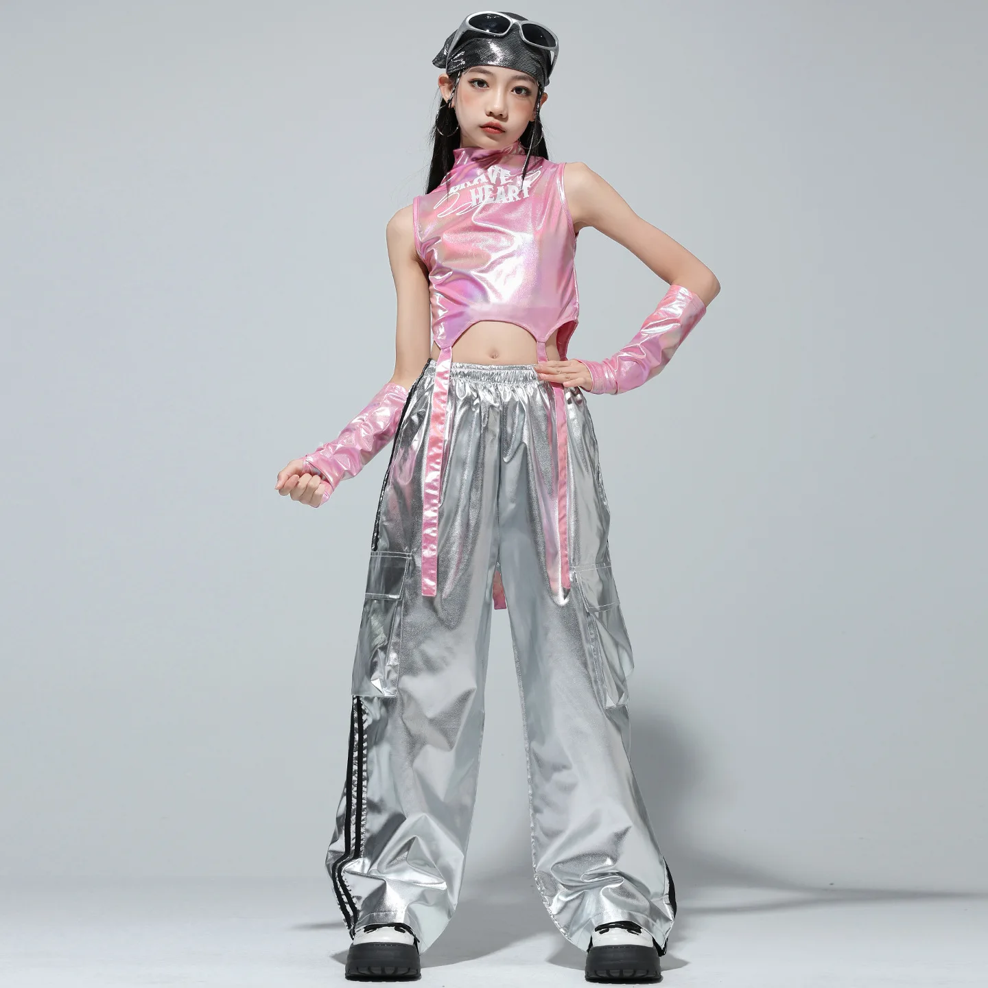 Kids Street Dance Jazz Performance Costumes Girls Hip Hop Clothes Fashion Catwalk Stage Shiny Sleeveless Crop Top Long Pant Suit thumbnail 4