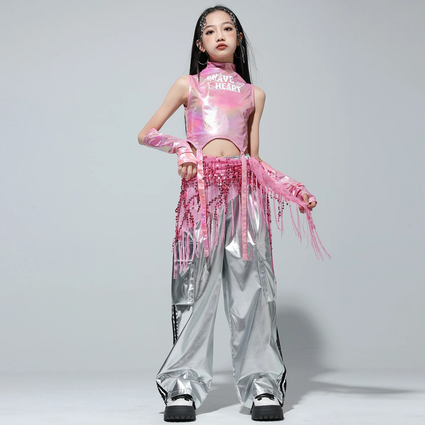 Kids Street Dance Jazz Performance Costumes Girls Hip Hop Clothes Fashion Catwalk Stage Shiny Sleeveless Crop Top Long Pant Suit thumbnail 5