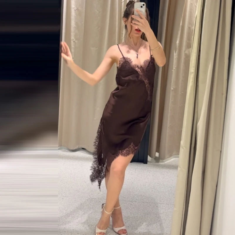 HXAO Womens Dresses Lace Asymmetric Slip Dress Summer 2025 Sexy Evening Dresses Ladies Mini Brown Sleeveless Backless Vestidos thumbnail 3