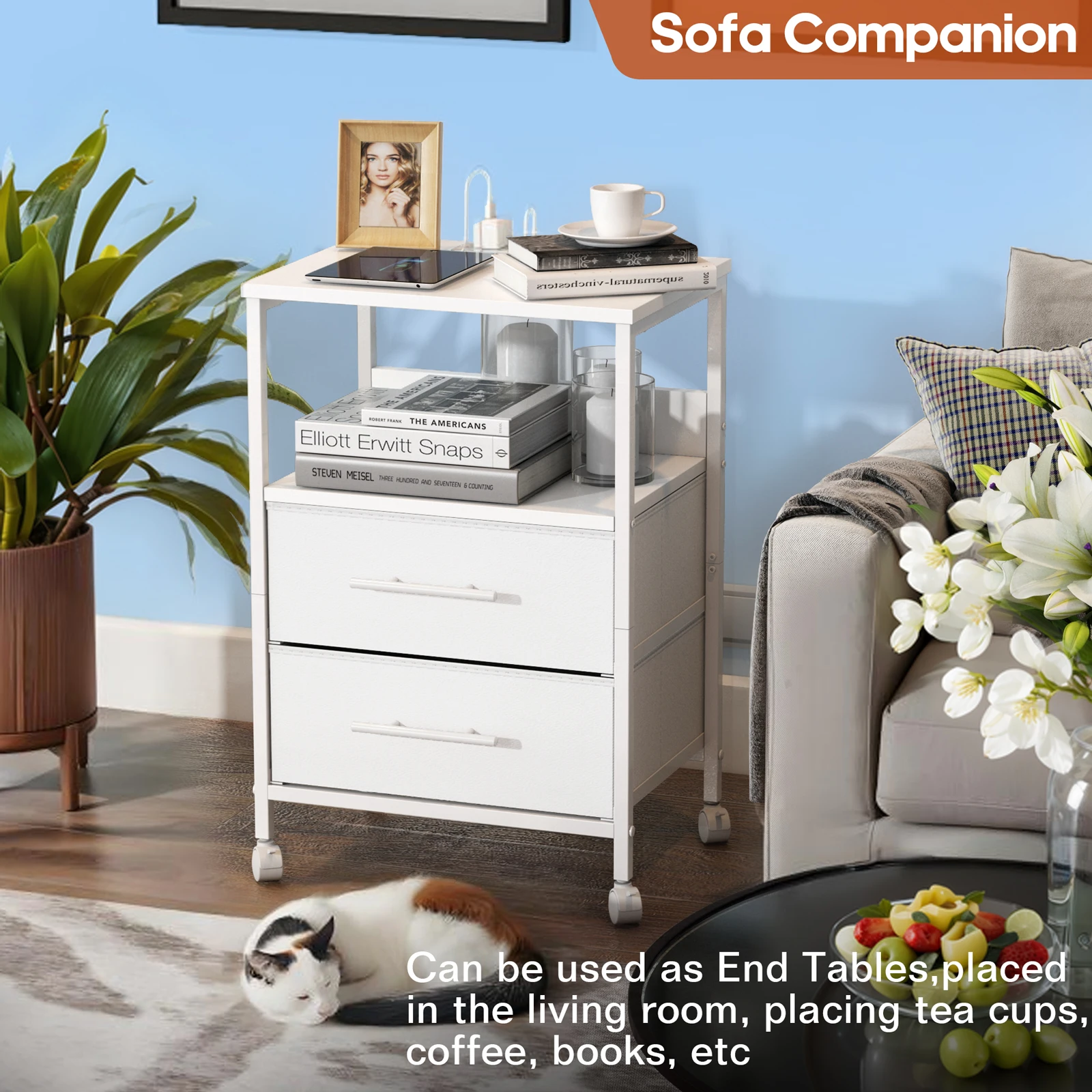 Bedside Table With Charging Station Nightstand With 2 Outlets And 2 USB Ports With 4 Castors thumbnail 5