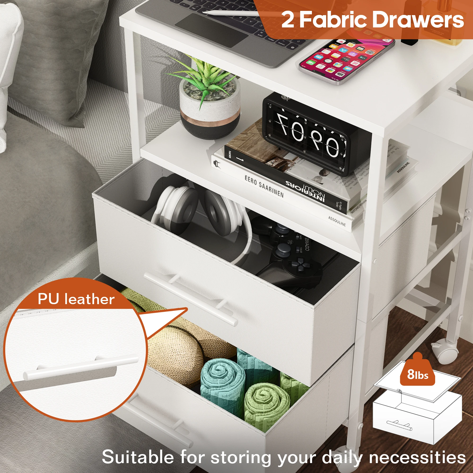 Bedside Table With Charging Station Nightstand With 2 Outlets And 2 USB Ports With 4 Castors thumbnail 4
