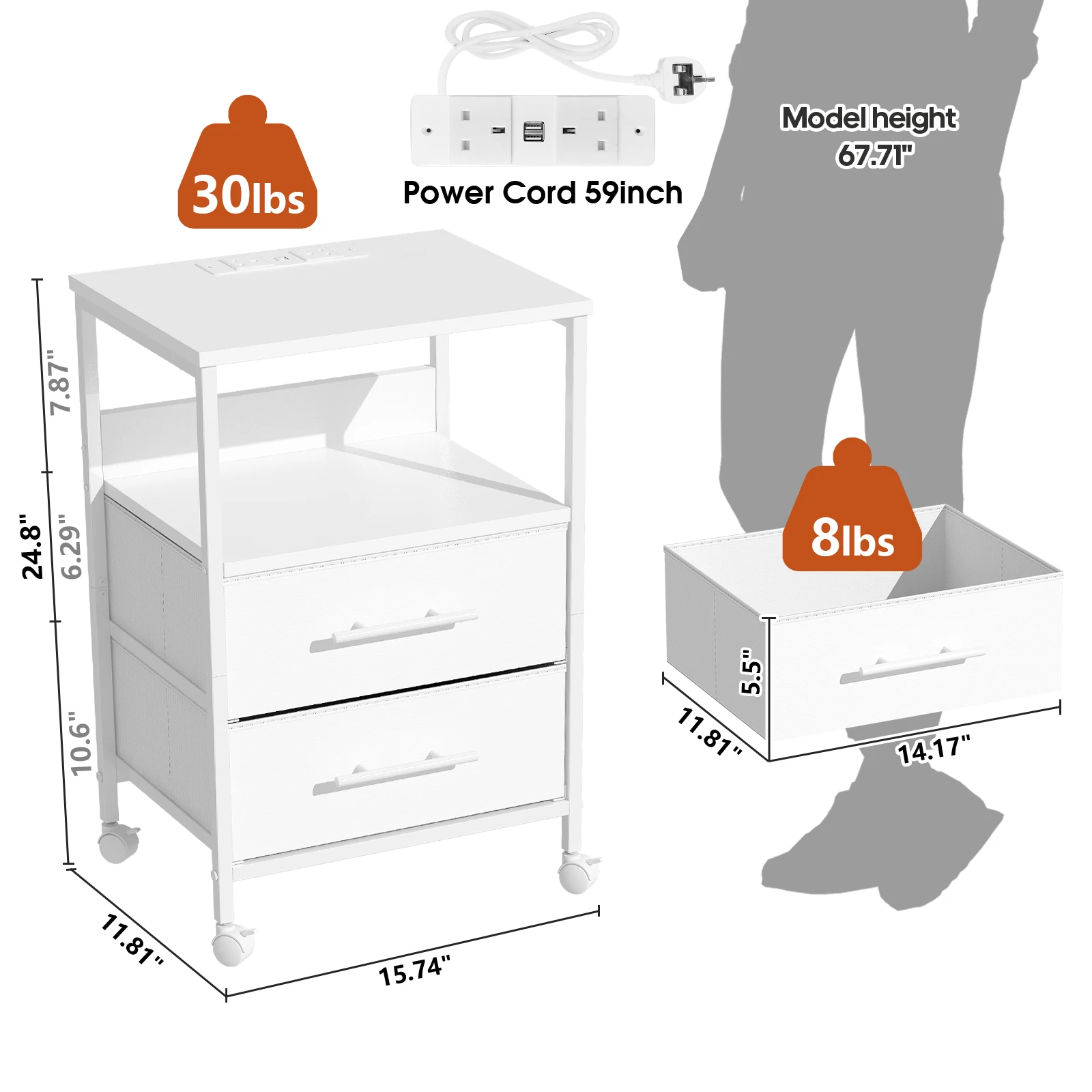 Bedside Table With Charging Station Nightstand With 2 Outlets And 2 USB Ports With 4 Castors thumbnail 6