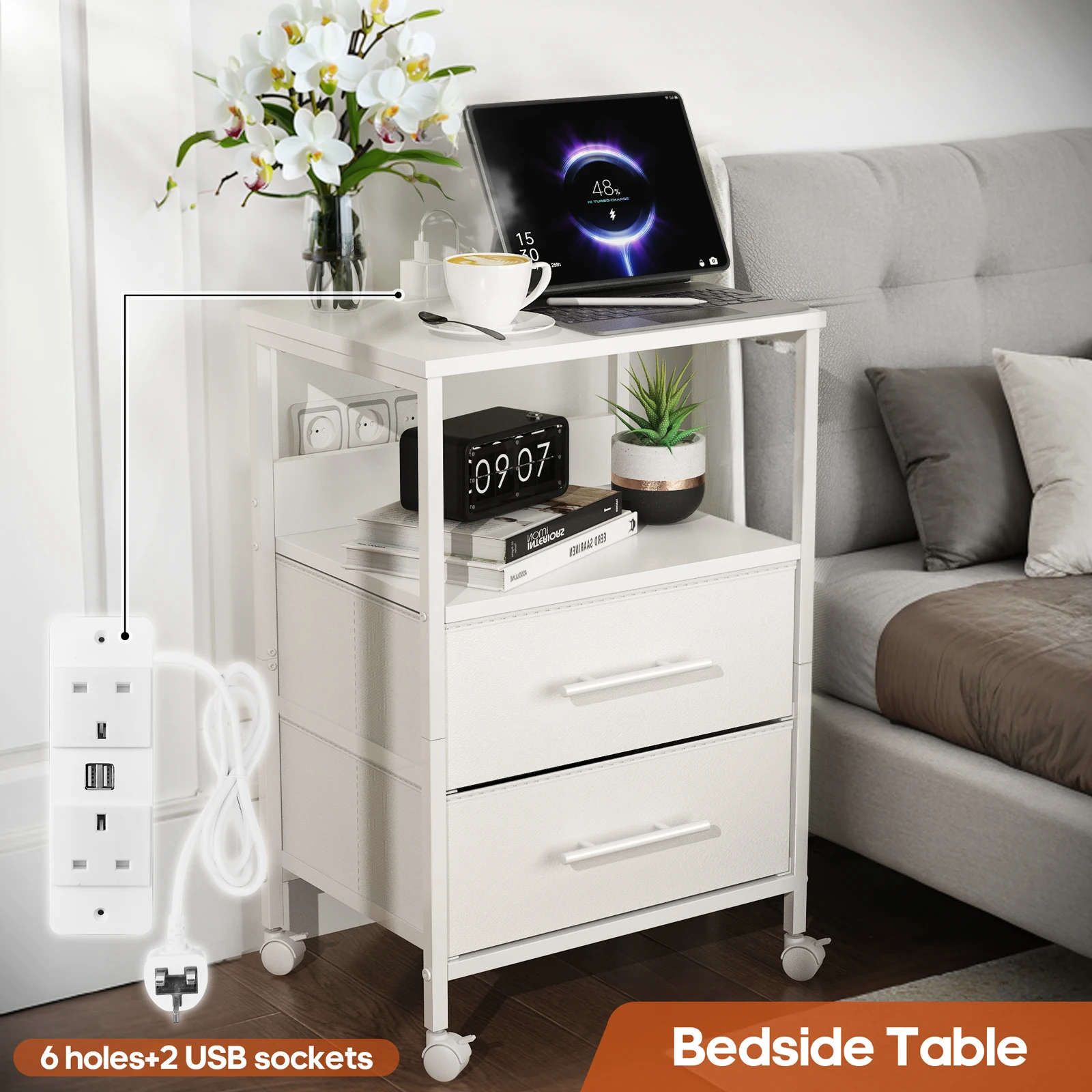 Bedside Table With Charging Station Nightstand With 2 Outlets And 2 USB Ports With 4 Castors thumbnail 2