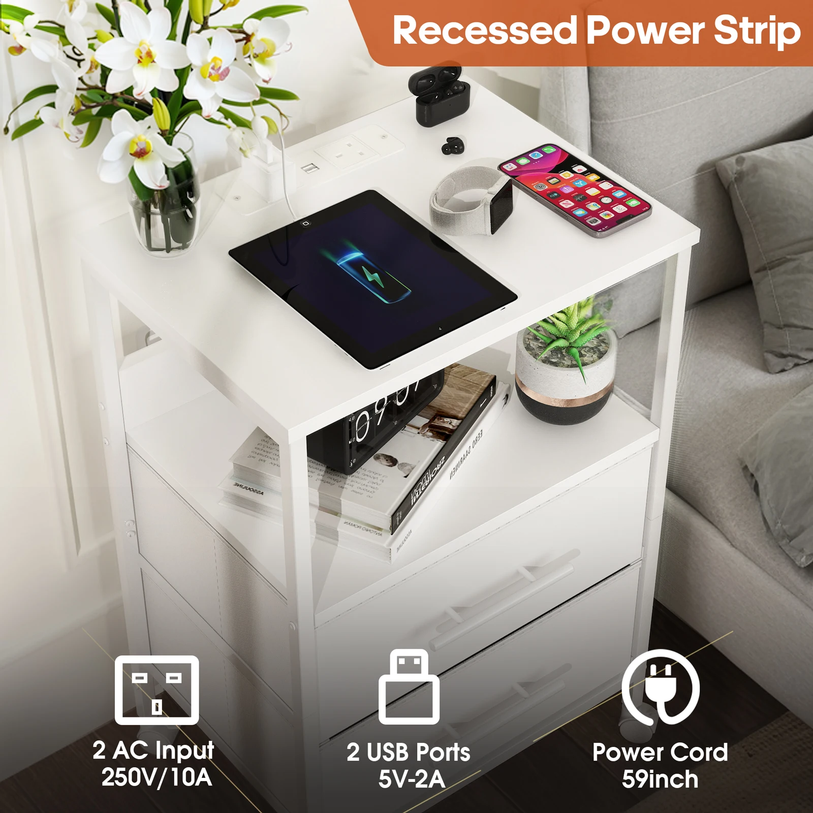 Bedside Table With Charging Station Nightstand With 2 Outlets And 2 USB Ports With 4 Castors thumbnail 3