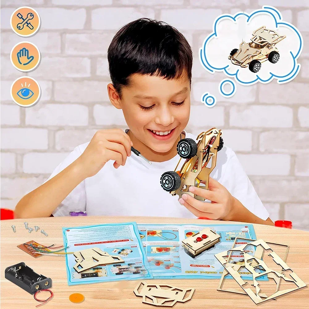 DIY Wooden Remote Control Car Wooden Four Wheel Drive Racing Assembling Science Experiment Kits KIDS STEM Educational Toy thumbnail 3