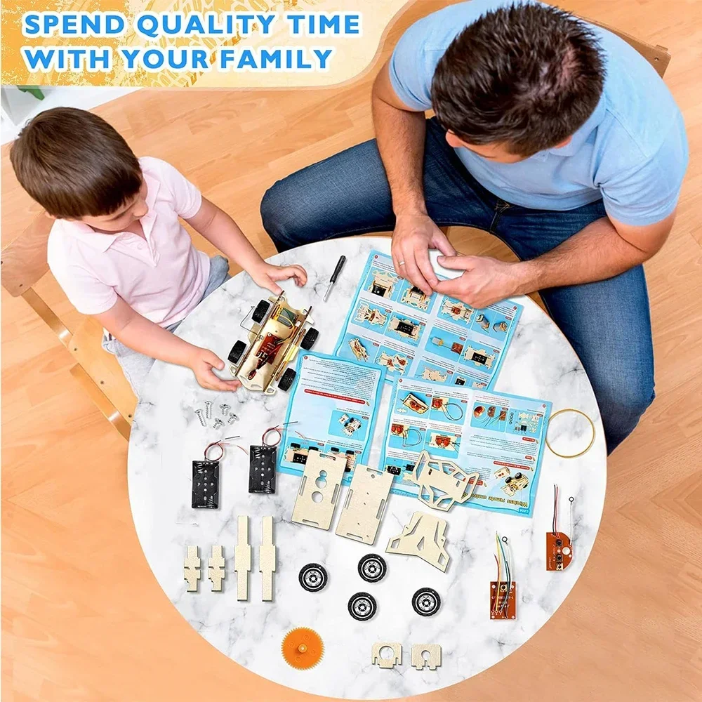 DIY Wooden Remote Control Car Wooden Four Wheel Drive Racing Assembling Science Experiment Kits KIDS STEM Educational Toy thumbnail 4