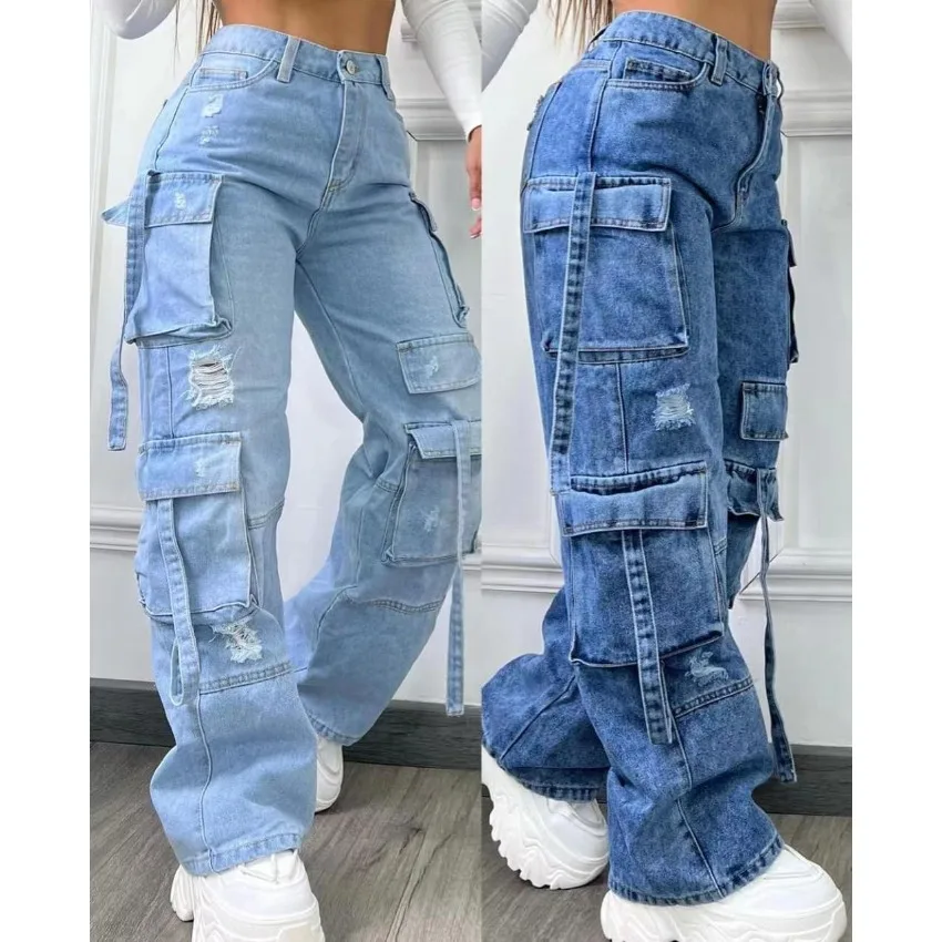 High Waist Multi Pocket Jeans Women 2025 New  Fashionable Solid Color Versatile Large Size Cargo Pants thumbnail 2