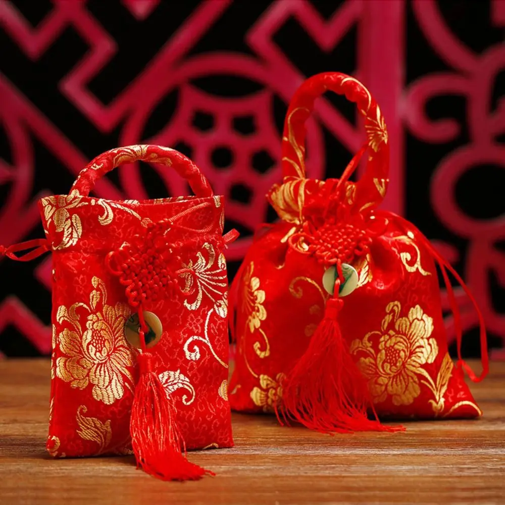 Chinese Style Canvas Flower Drawstring Bag Wrist Bag Large Capacity Chinese Knot Tassel Handbag Korean Style Storage Bag