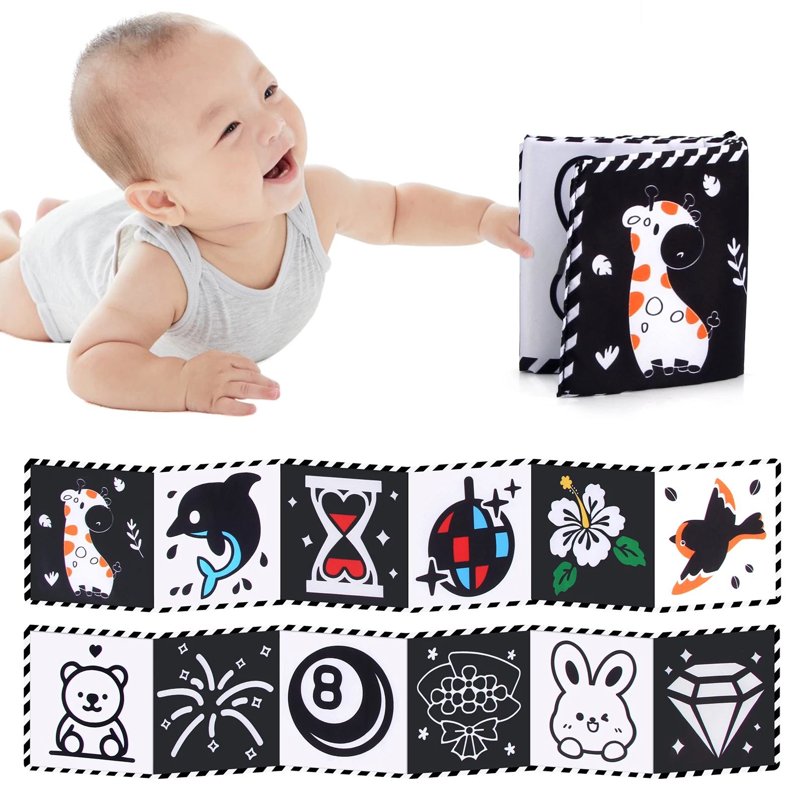 Baby Cloth Book 0-36 Months Newborn Crib Toys High Contrast Baby Toys Sensory Cloth Books Black and White Animal Montessori Toys