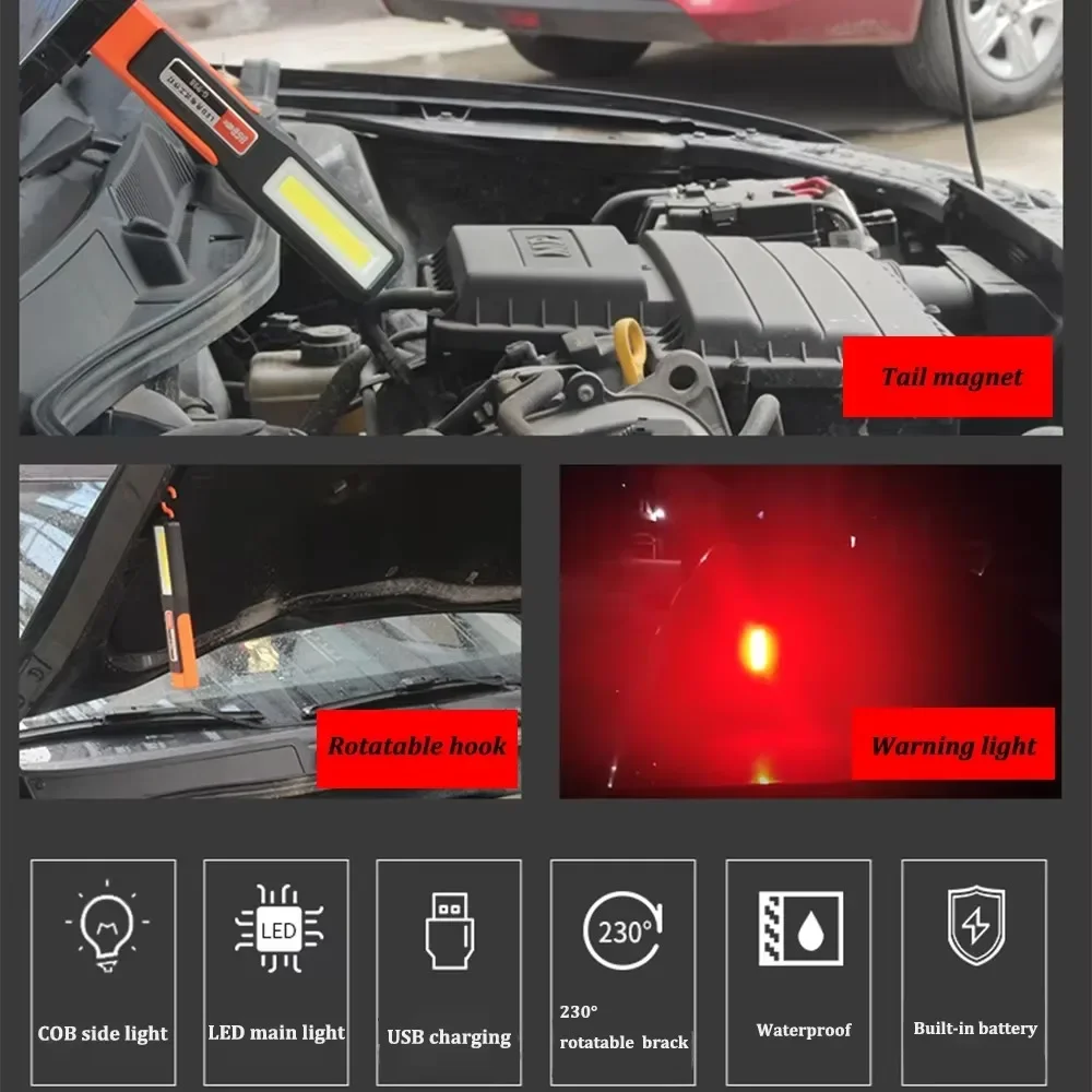 Rechargeable Portable Work Light,Bright LED COB Flashlight,Magnetic Hook,360° Rotatable,USB,Outdoor Camping Fishing Emergency thumbnail 2