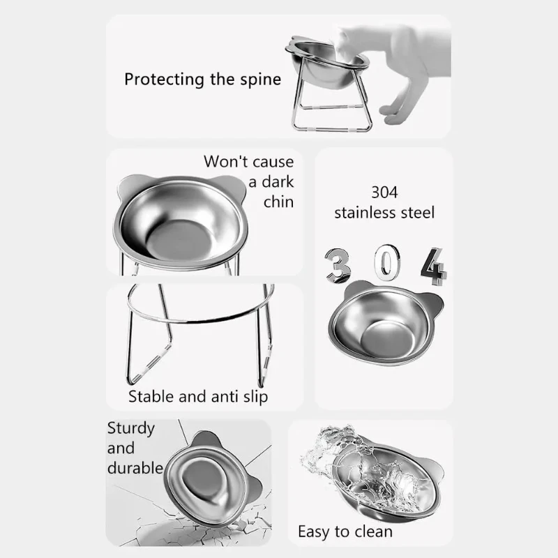 ‌304 Stainless Steel Raised Cat Bowl with 15° Elevated Design Tilted Neck Guard Healthy Feeding Shatterproof for Cats Puppies thumbnail 5