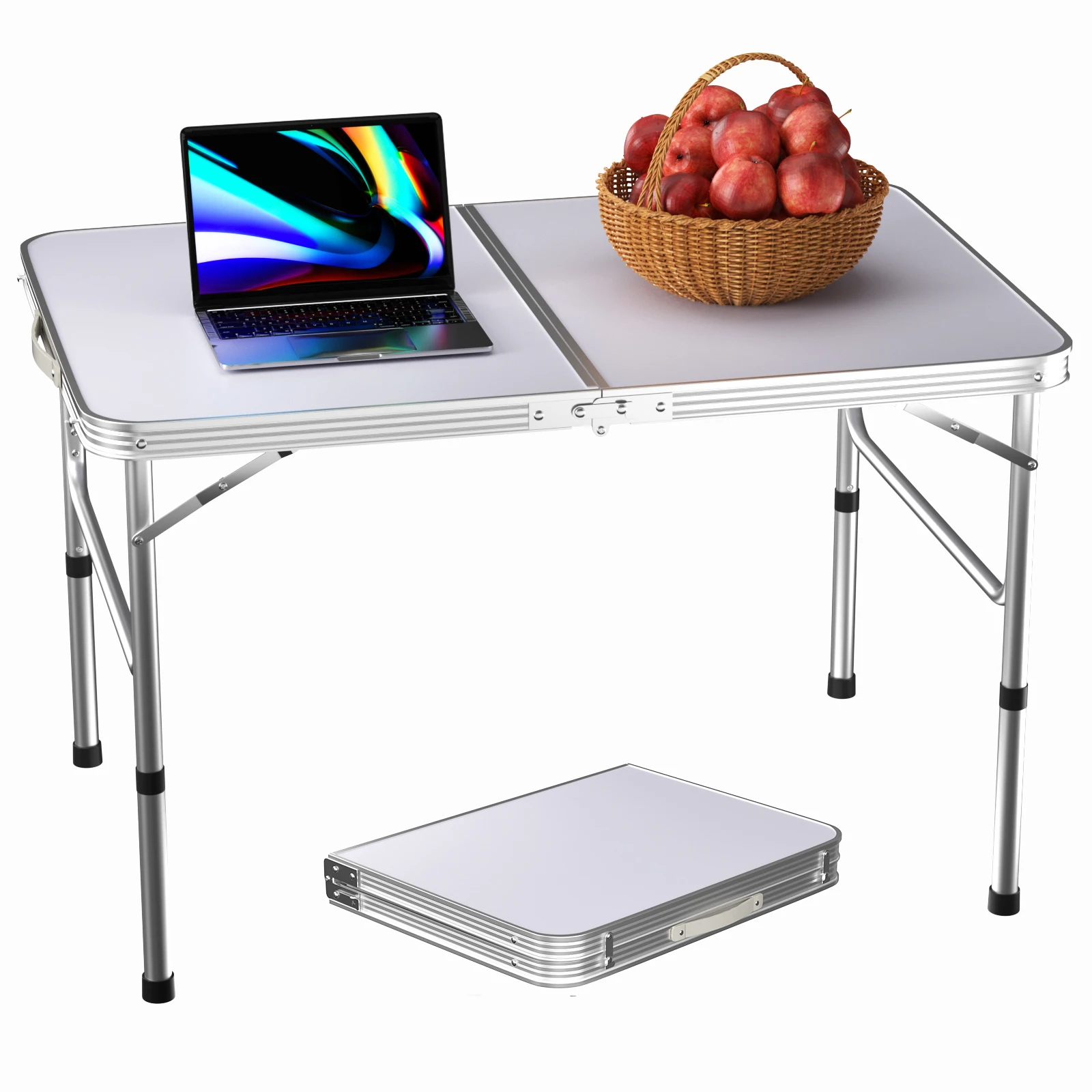 Picnic Folding Table, Aluminum Frame with Carry Handle, 2 Adjustable Height, Multipurse Portable camping table,90x60x37/67cm