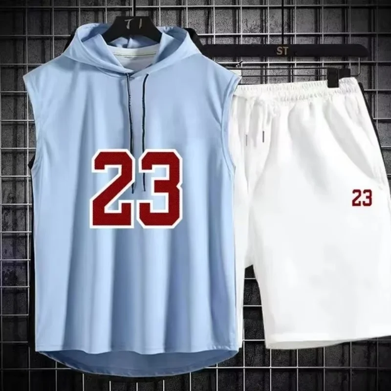 Summer New Men's Sleeveless Hooded T-shirt+shorts pants Sports two-piece set gym  Fashion  Casual Men Women Sports Two Piece Set thumbnail 3