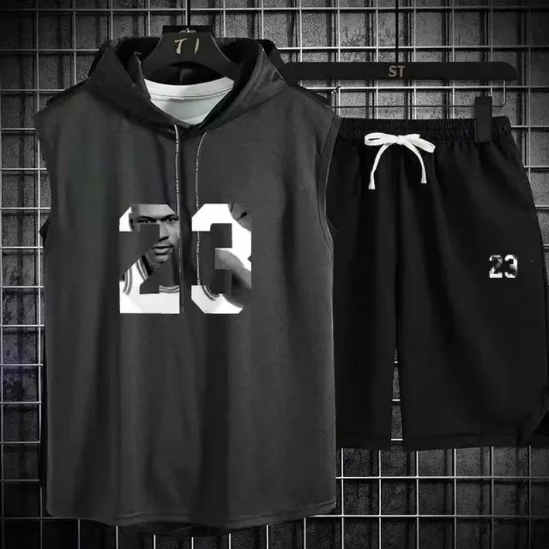 Summer New Men's Sleeveless Hooded T-shirt+shorts pants Sports two-piece set gym  Fashion  Casual Men Women Sports Two Piece Set thumbnail 6
