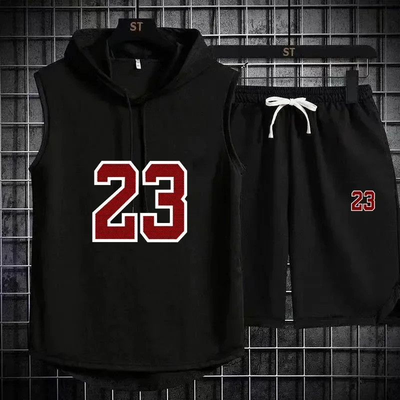 Summer New Men's Sleeveless Hooded T-shirt+shorts pants Sports two-piece set gym  Fashion  Casual Men Women Sports Two Piece Set thumbnail 2