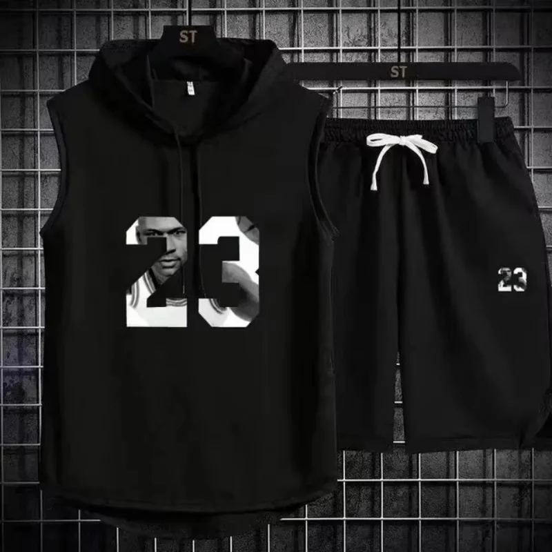 Summer New Men's Sleeveless Hooded T-shirt+shorts pants Sports two-piece set gym  Fashion  Casual Men Women Sports Two Piece Set thumbnail 5