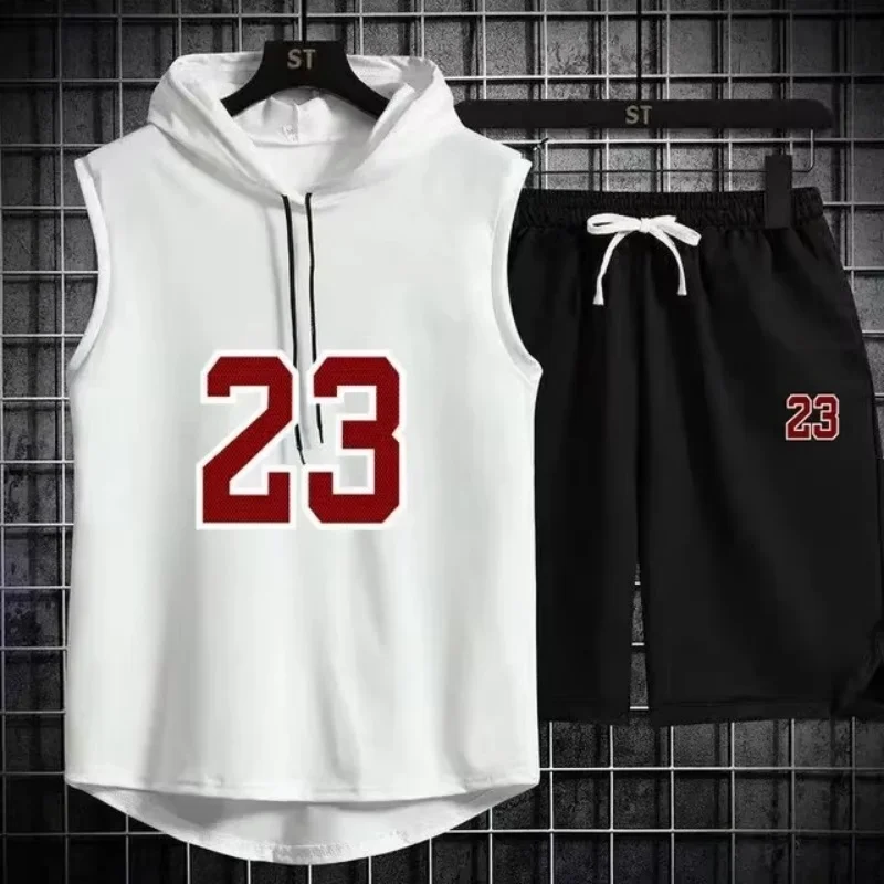 Summer New Men's Sleeveless Hooded T-shirt+shorts pants Sports two-piece set gym  Fashion  Casual Men Women Sports Two Piece Set