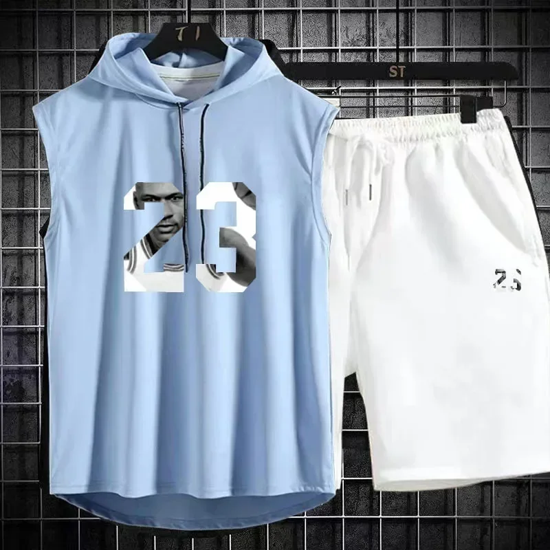 Summer New Men's Sleeveless Hooded T-shirt+shorts pants Sports two-piece set gym  Fashion  Casual Men Women Sports Two Piece Set thumbnail 4