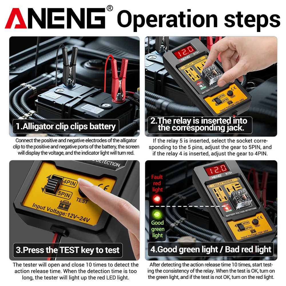 Auto Relay Tester Car Relay Tester Voltage Tester ANENG RT01 11-25V LED Test Battery Checker 4/5 Pin Relays Analyzer Repair Tool thumbnail 4