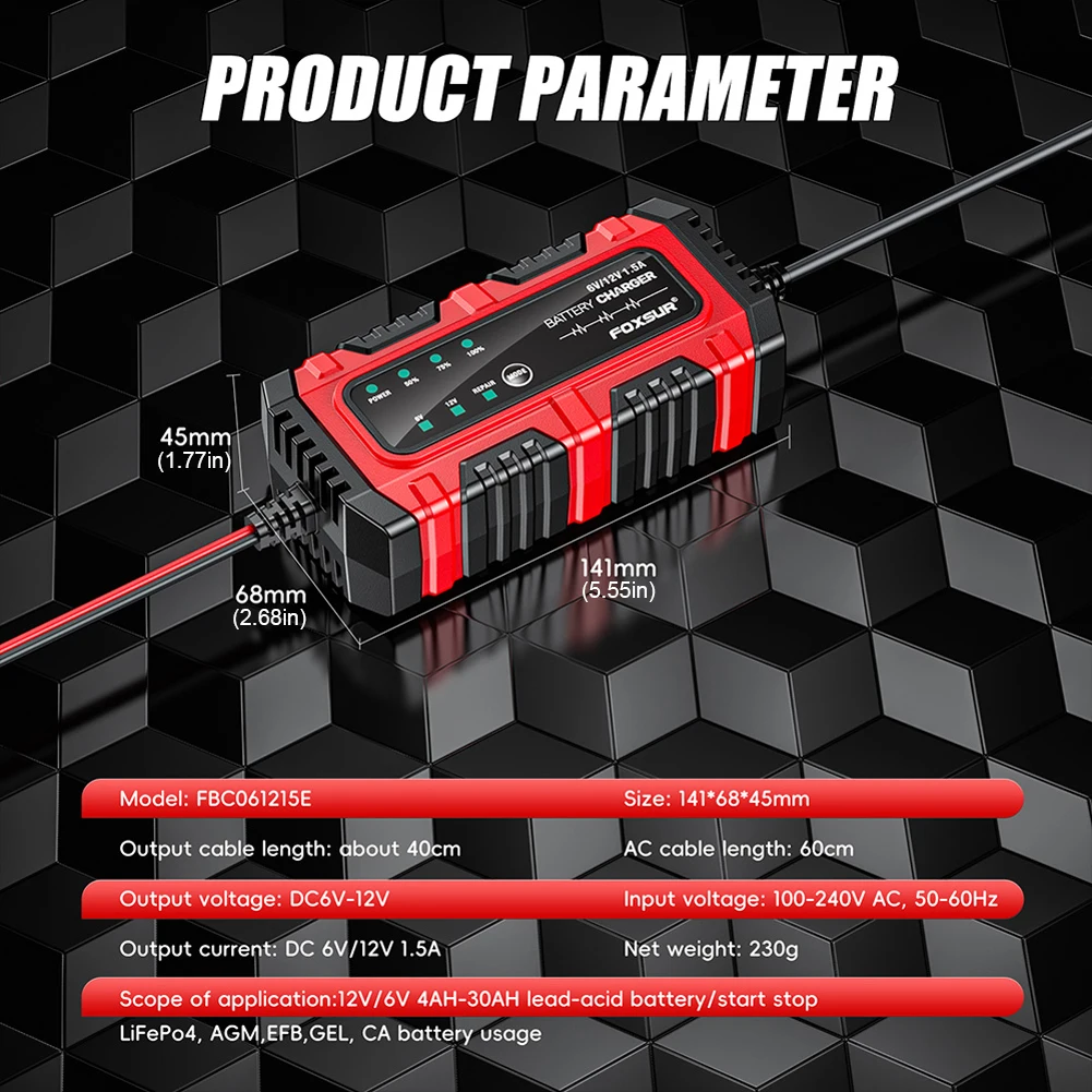 6V 12V 1.5A Car Battery Charger Smart Charger Car and Motorcycle Battery Charging Unit for Lead-Acid AGM GEL Batteries thumbnail 3