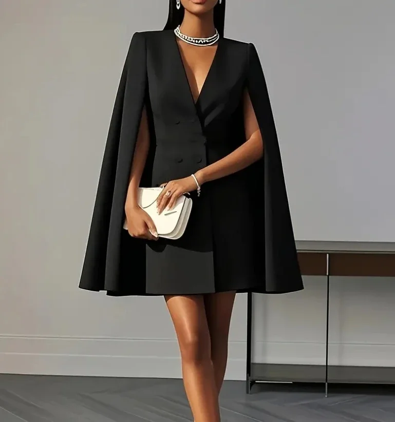 Women Dresses 2025 Spring Autumn New Commuting Double Breasted Shawl Cape Solid Color V-Neck Mini Dress Fashion Women's Clothing thumbnail 4