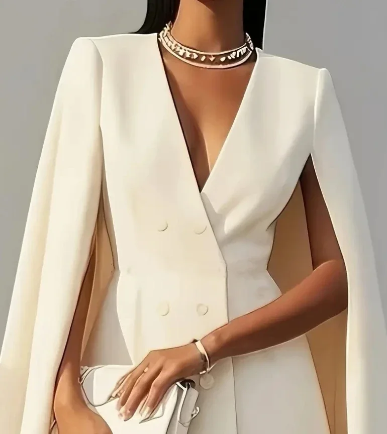 Women Dresses 2025 Spring Autumn New Commuting Double Breasted Shawl Cape Solid Color V-Neck Mini Dress Fashion Women's Clothing thumbnail 3