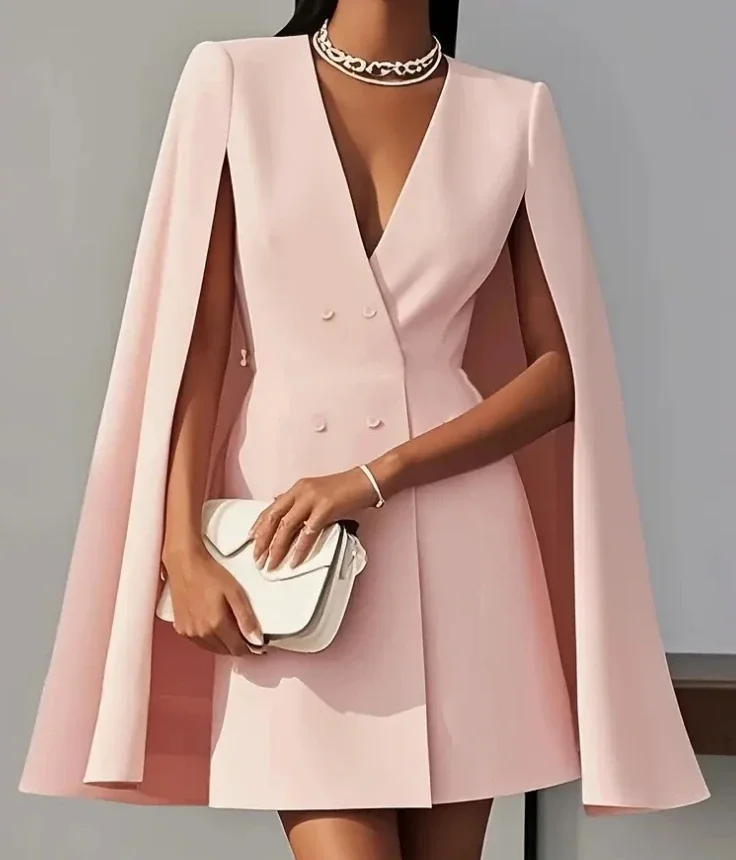 Women Dresses 2025 Spring Autumn New Commuting Double Breasted Shawl Cape Solid Color V-Neck Mini Dress Fashion Women's Clothing thumbnail 6