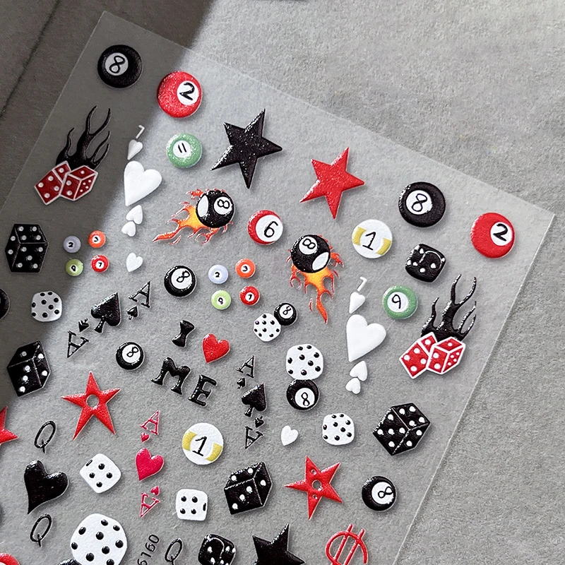 3D Embossed Cherry Nail Art Stickers Self Adhesive Pool Dice Design Manicure DIY Accessories Nail Art Decals For Nail Design