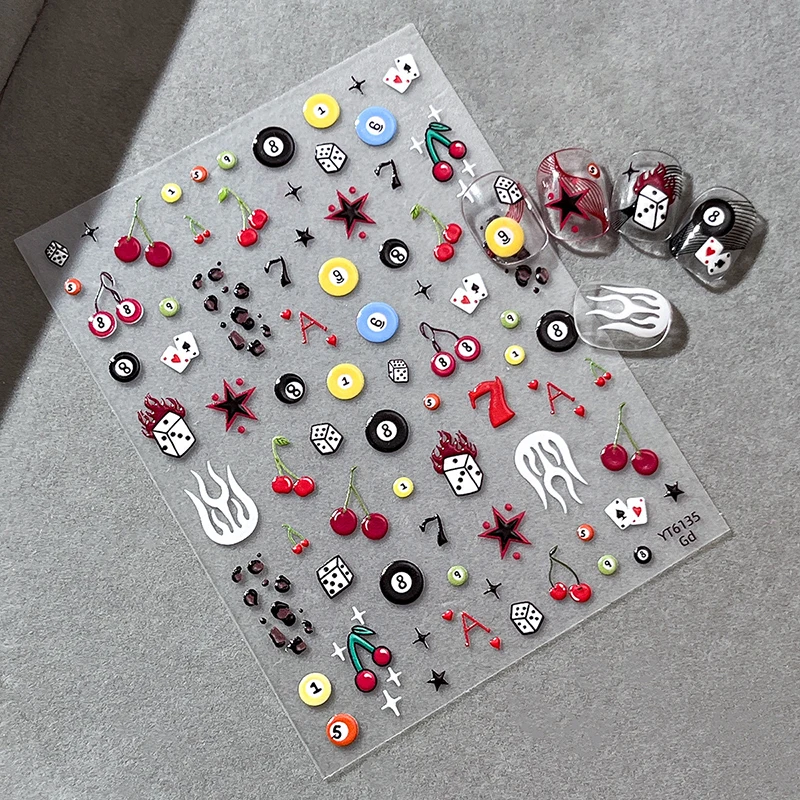 3D Embossed Cherry Nail Art Stickers Self Adhesive Pool Dice Design Manicure DIY Accessories Nail Art Decals For Nail Design thumbnail 2