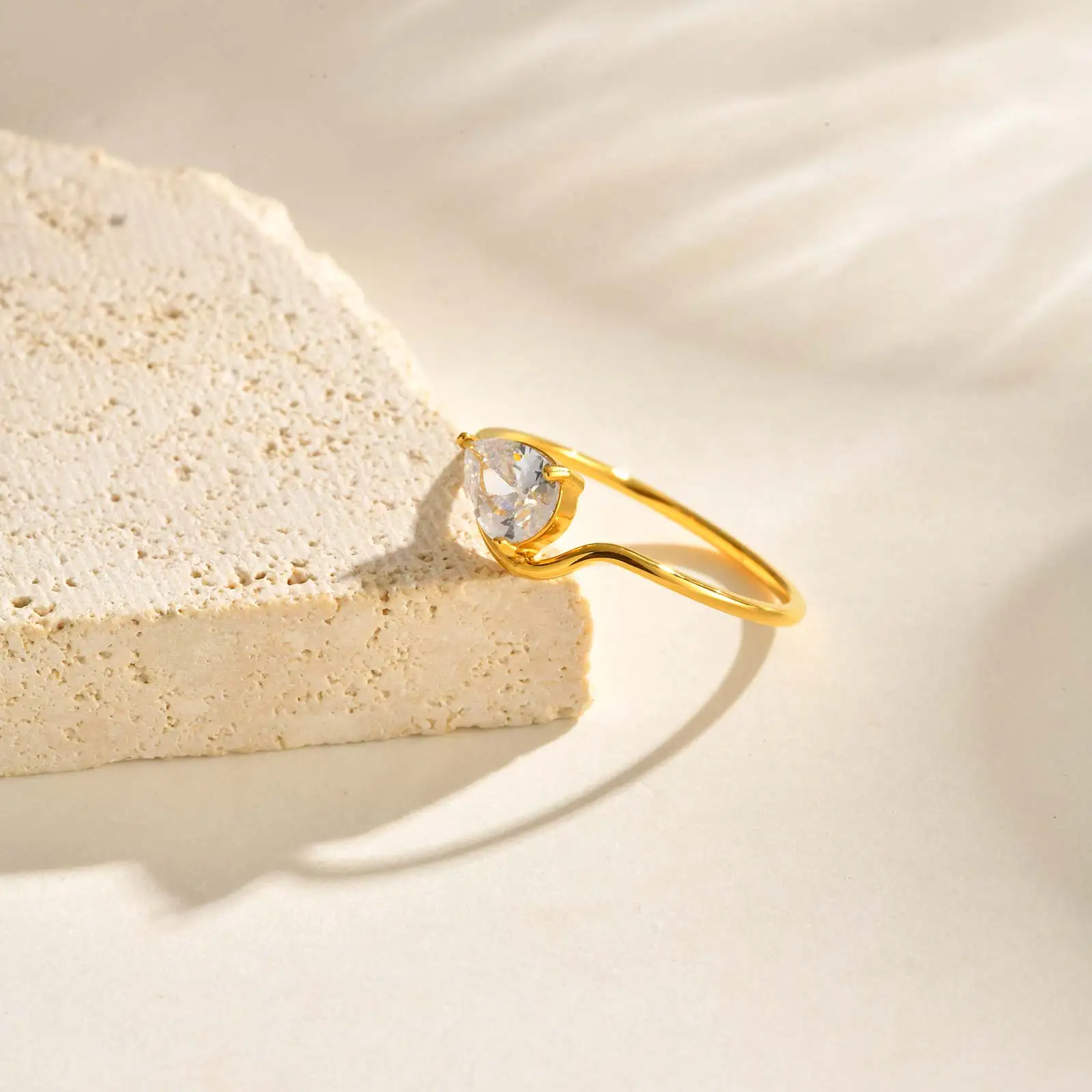 Minimalist Water Drop White Zircon Women Ring, Wave Drop Stainless Steel Ring, 18K Gold Plated Waterproof Luxury Jewelry thumbnail 2