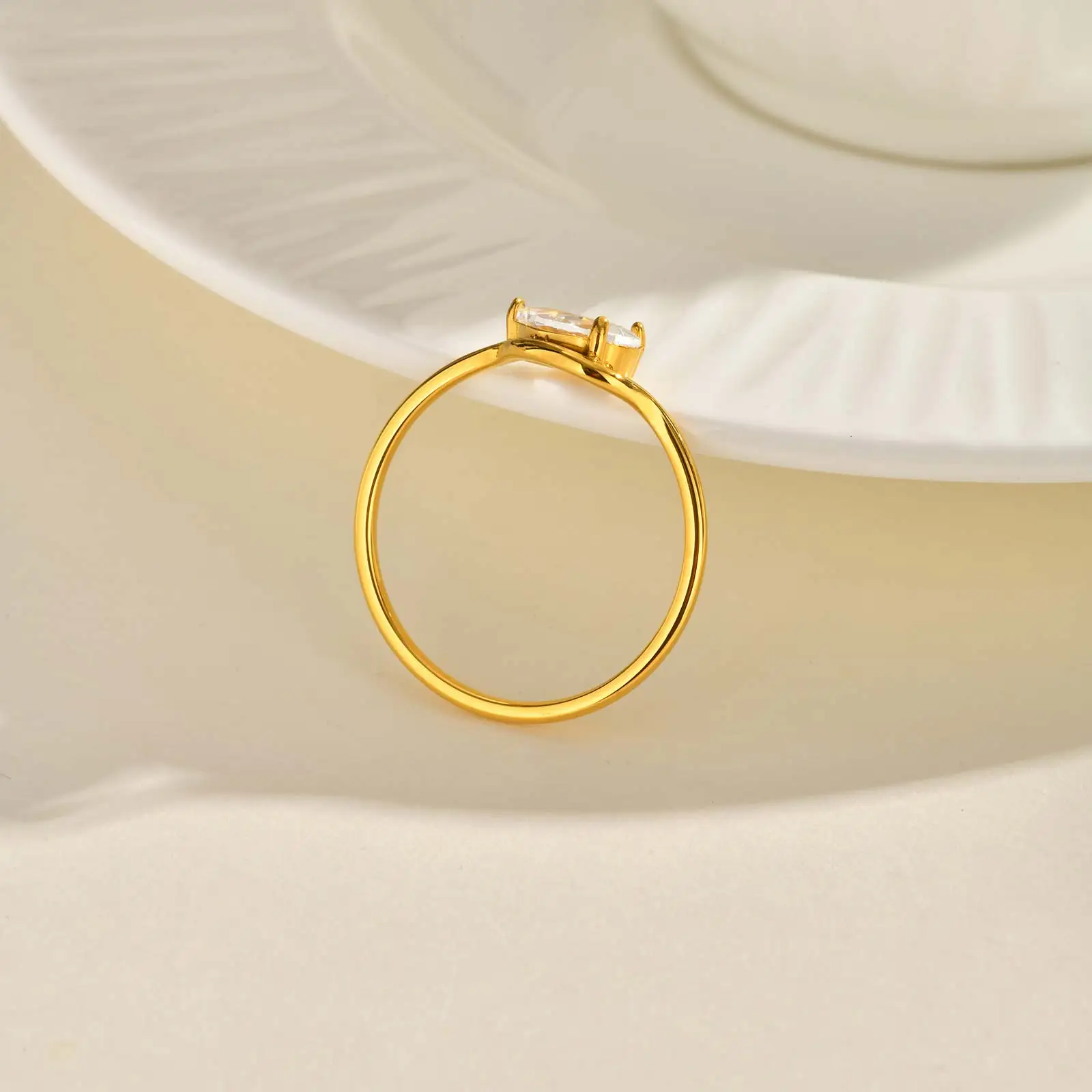 Minimalist Water Drop White Zircon Women Ring, Wave Drop Stainless Steel Ring, 18K Gold Plated Waterproof Luxury Jewelry thumbnail 4