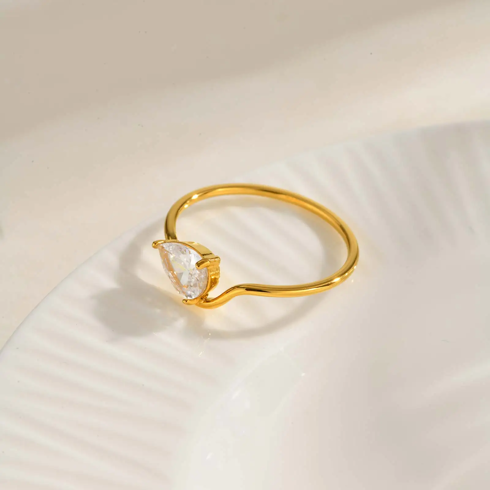 Minimalist Water Drop White Zircon Women Ring, Wave Drop Stainless Steel Ring, 18K Gold Plated Waterproof Luxury Jewelry thumbnail 3