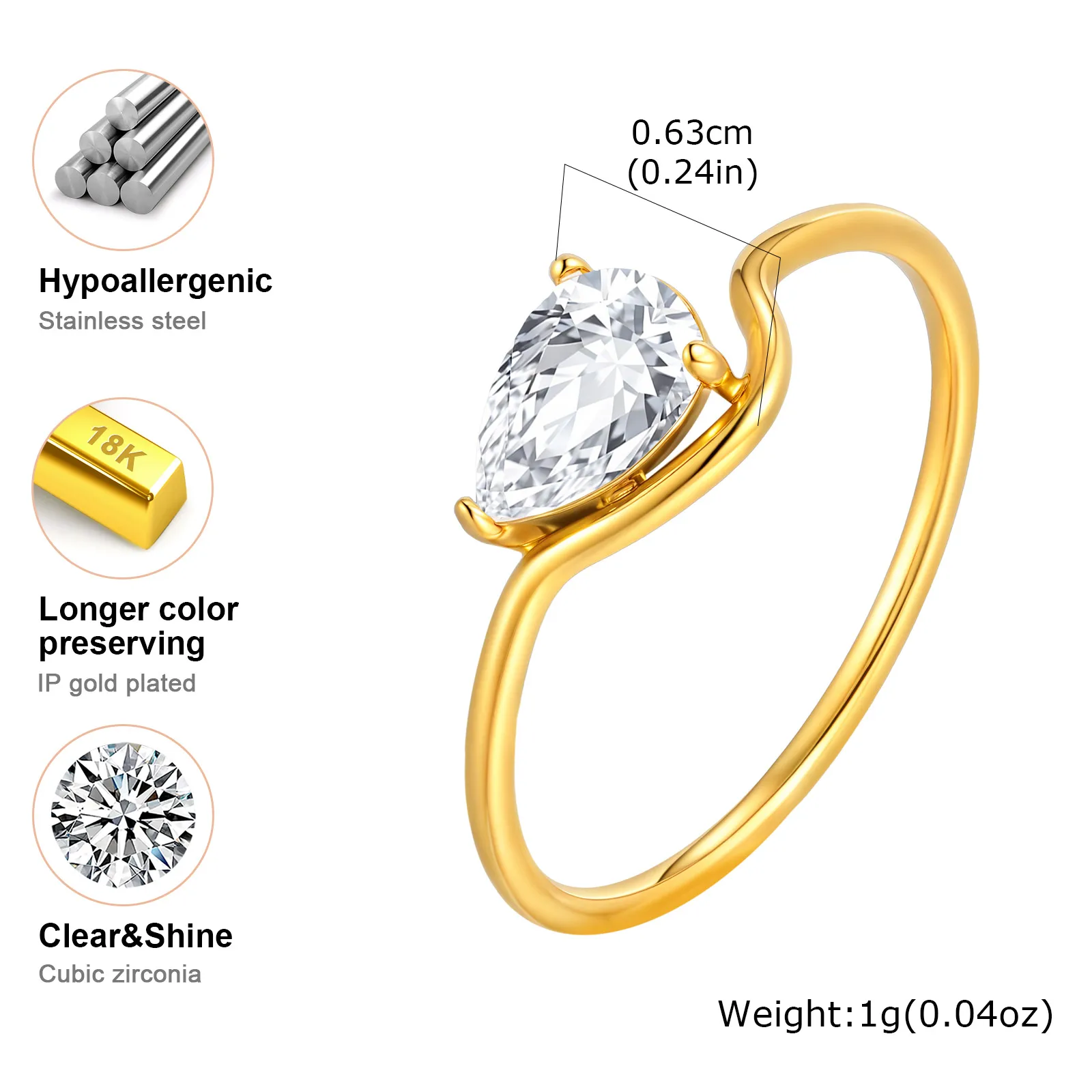 Minimalist Water Drop White Zircon Women Ring, Wave Drop Stainless Steel Ring, 18K Gold Plated Waterproof Luxury Jewelry thumbnail 5