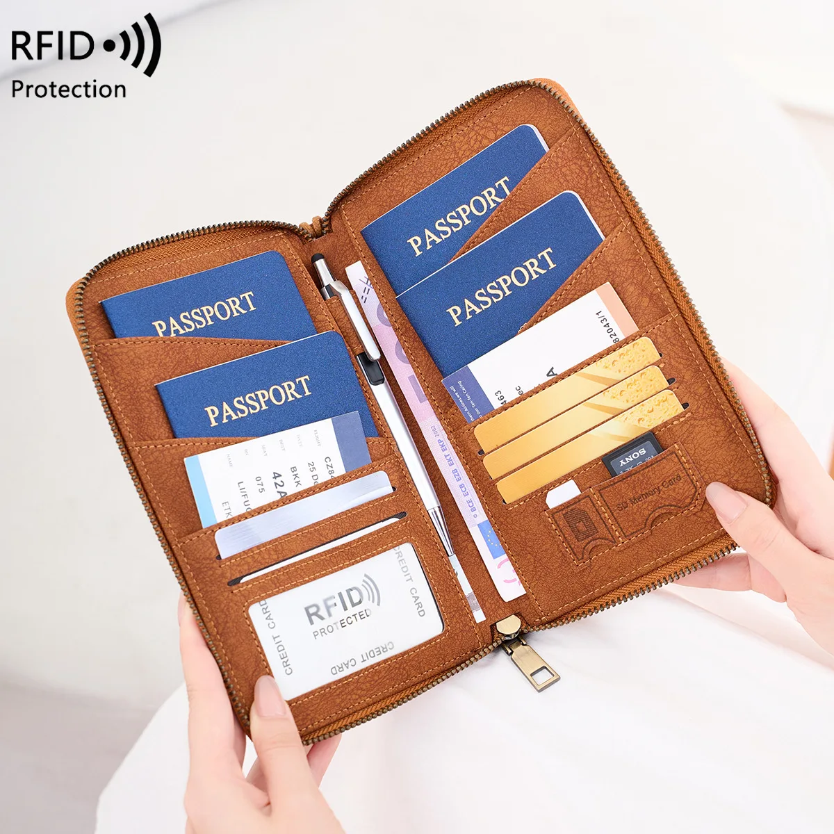 Multi-Functional RFID Blocking Passport Bag Travel Document Holder with Long Zipper Ticket Storage Wallet for Multiple Passports thumbnail 3